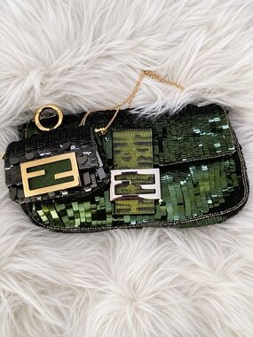 Fendi Nano Baguette Sequin Charm Mini Bag Avocado Color